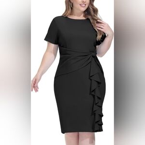 NWT Hanna Nikole Womens Black Short Sleeves Ruffle Pencil Knee Dress Size 18W